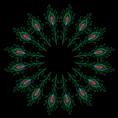 Round frame peacock feathers embroidery stitches imitation.