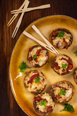 Stuffed Mushrooms with Bacon, Cheese and Breadcrumbs. Selective focus.
