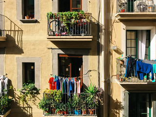 Fototapeta na wymiar Barcelona Spain balcony scene with hanging laundry