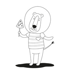 Lovely cartoon lion with ice cream in his paw. Black and white vector illustration.