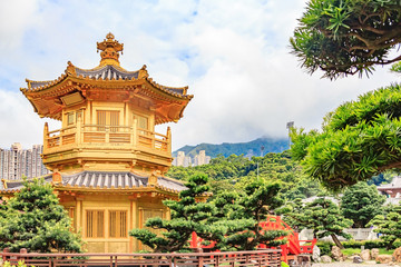 Fototapeta premium Front View The Golden Pavilion Temple in Nan Lian Garden,This is a government public park, situated at Diamond hill, Kowloon, Hong Kong