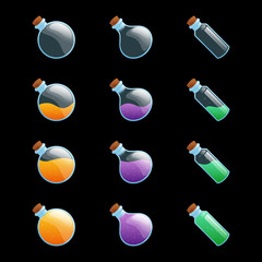 Set of different color flask, test-tube, bottles game icons. Cartoon vector illustration for creating mobile or web games, graphic design. Asset for app user interface isolated on black background.