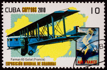 Old airplane Farman F.60 Goliath on postage stamp