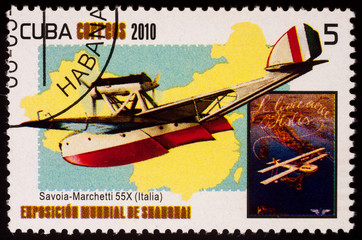 Old Italian flying boat (1924) on postage stamp