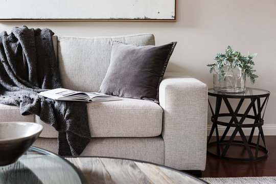 Inviting comfortable sofa with throw rug and magazine