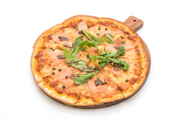 smoked salmon pizza isolated on white background