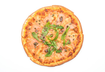 smoked salmon pizza isolated on white background