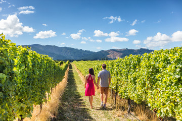 Vineyard couple tourists New Zealand travel visiting Marlborough region winery walking amongst...