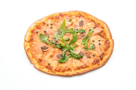 smoked salmon pizza isolated on white background