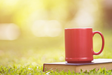 Red ceramic coffee cup and old book in green garden at morning time