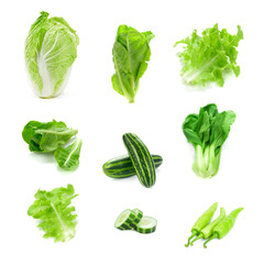collection of lot vegetables isolated on white background, Set of fresh green vegetables
