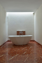 Fototapeta na wymiar A luxurious bathtub in the white space bathroom