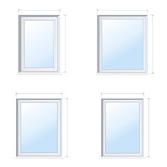 Vector illustration of rectangular plastic windows with outward arrows for sizes. The construction of windows is deaf