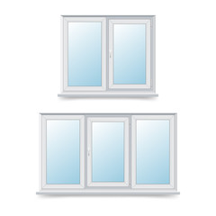 Vector illustration of a rectangular two-leaf and three-winged plastic windows. The design of the windows is swinging