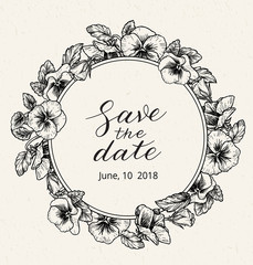 Wedding invitation design template with Save the date text and frame of vintage botanical flowers. 