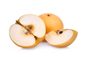 whole and half of snow pear fruit isolated on white background