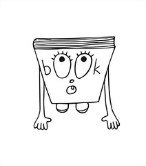 Hand drawing joyous book drugs his hands forward and looks surprised upward.  Vector line art illustration. 