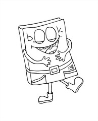 Hand drawing joyous book laughs and clings to the belly.  Vector line art illustration. 