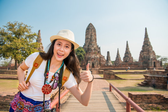 Happy asian tourist girl at ayutthaya