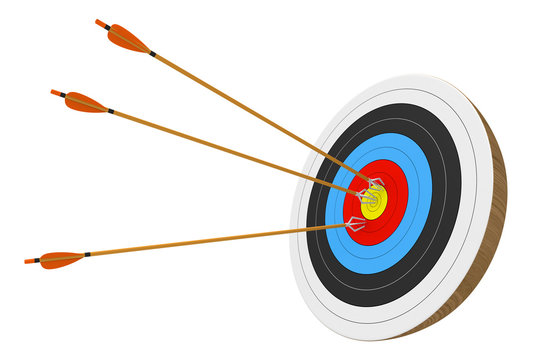 Archery target isolated on white background with three arrows accurately stuck into the center ring, 3D rendering