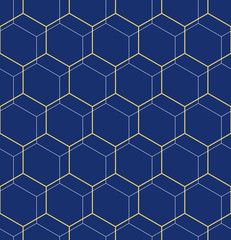 Geometric blue and golden abstract hexagonal background. Geometric modern ornament. Seamless modern pattern