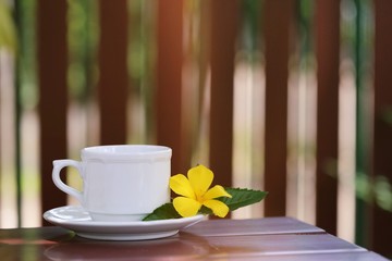 White coffee cup closeup on table relax at home outdoor background