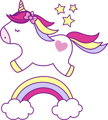 cute unicorn with rainbow and stars isolated on white background