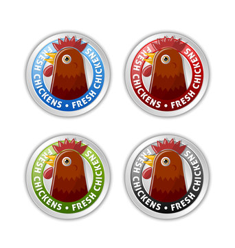 Silver badges with chicken head and lettering FRESH CHICKENS isolated on white background