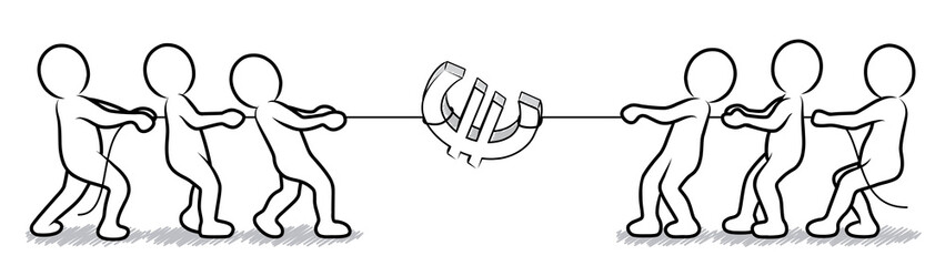 Wettbewerb: Eine Gruppe Strichmännchen streitet um Geld / gezeichnet, Vektor, freigestellt