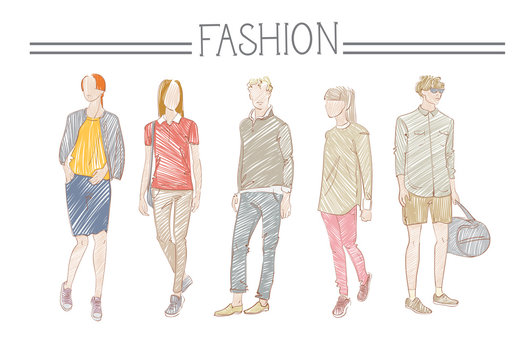 Fashion Collection Of Clothes Set Of Male And Female Models Wearing Trendy Clothing Sketch Vector Illustration