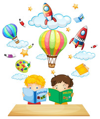 Two kids reading english books