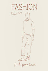 Fashion Collection Of Clothes Male Model Wearing Trendy Clothing Sketch Vector Illustration