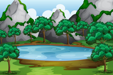 Forest scene with trees around the pond