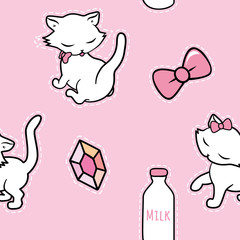 Seamless pattern with cute kitty stickers isolated on pink background. Vector illustration.