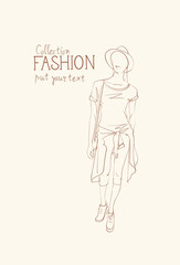 Fashion Collection Of Clothes Female Model Wearing Trendy Clothing Sketch Vector Illustration