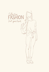 Fototapeta na wymiar Fashion Collection Of Clothes Female Model Wearing Trendy Clothing Sketch Vector Illustration