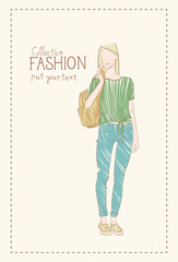 Fashion Collection Of Clothes Female Model Wearing Trendy Clothing Sketch Vector Illustration
