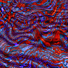 Abstract colorful chaotic red, blue, black and violet waves. Digital fractal art. 3D rendering.