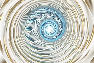 Glossy spiral. Abstract intricate asymmetrical background in golden and blue colors. Psychedelic fractal texture. Digital art. 3D rendering.