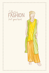 Fashion Collection Of Clothes Female Model Wearing Trendy Clothing Sketch Vector Illustration