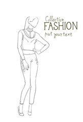 Fototapeta na wymiar Fashion Collection Of Clothes Female Model Wearing Trendy Clothing Sketch Vector Illustration