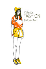 Fashion Collection Of Clothes Female Model Wearing Trendy Clothing Sketch Vector Illustration
