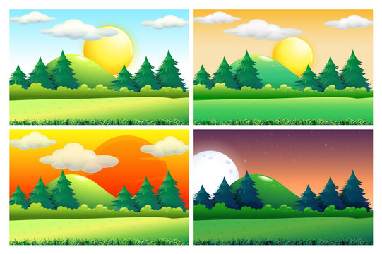 Four scenes of green fields at different times of day