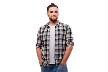 Fototapeta premium Attractive bearded casual male isolated on white background.