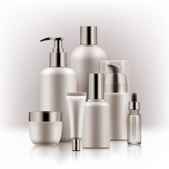 Realistic luxury gamorous set of cosmetic bottles in silver and white on white background, mockup, 3D illustration for branding design and ads, template, beauty and hygiene concept