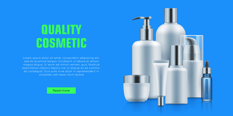 Quality cosmetic bottle poster. Beauty and health concept. Cleansing and skincare organic treatment. Realistic template vector illustration