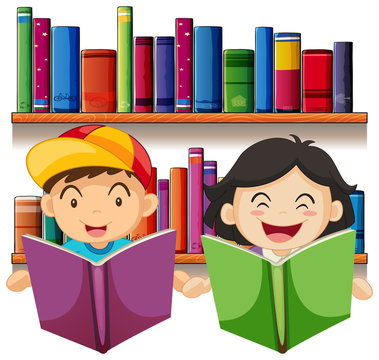 Boy and girl reading book in library