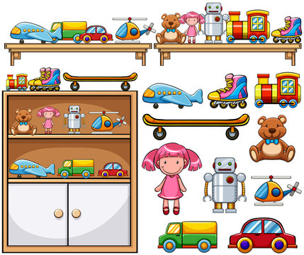 Different toys on the wooden shelves