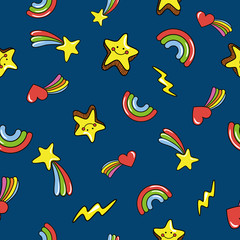 Seamless pattern with cute smiling stars. doodle comets, lightnings, rainbows on deep dark blue background. Vector