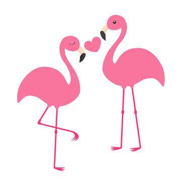 Pink flamingo couple holding heart. Love family. Exotic tropical bird. Zoo animal kids collection. Cute cartoon character. Greeting card. Flat design. White background Isolated